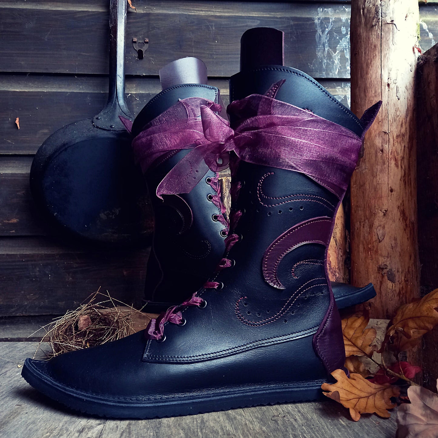 UK 6 - Tinker Tide - Handmade Leather Boots | Tall, Woodland Style - Black, Damson