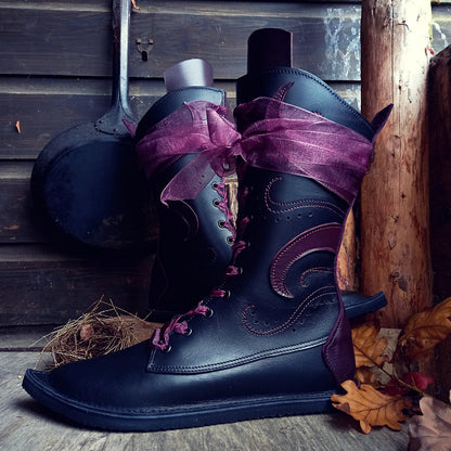 UK 6 - Tinker Tide - Handmade Leather Boots | Tall, Woodland Style - Black, Damson