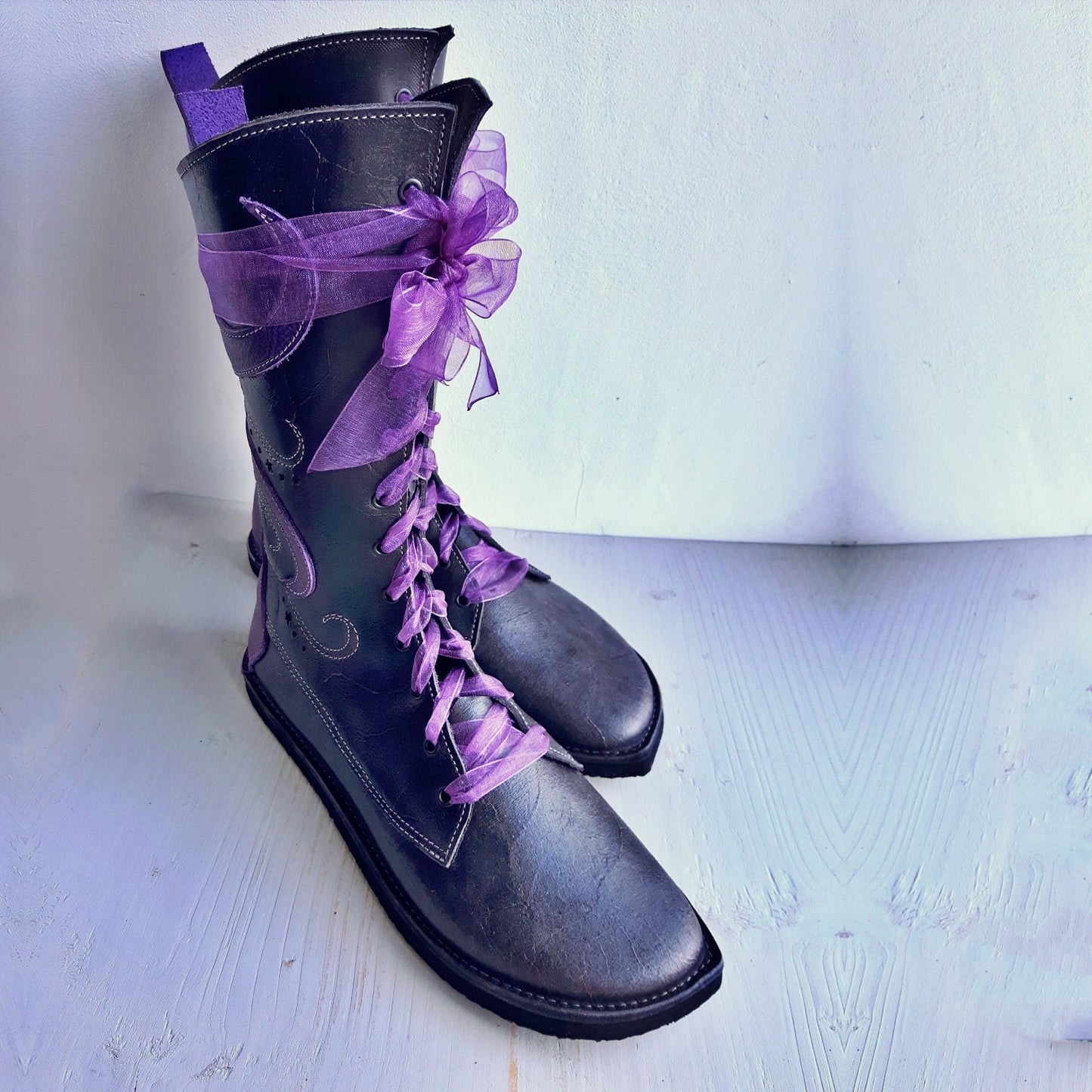 UK 6 - Tinker Tide - Handmade Leather Boots | Tall, Woodland Style - Black, Damson
