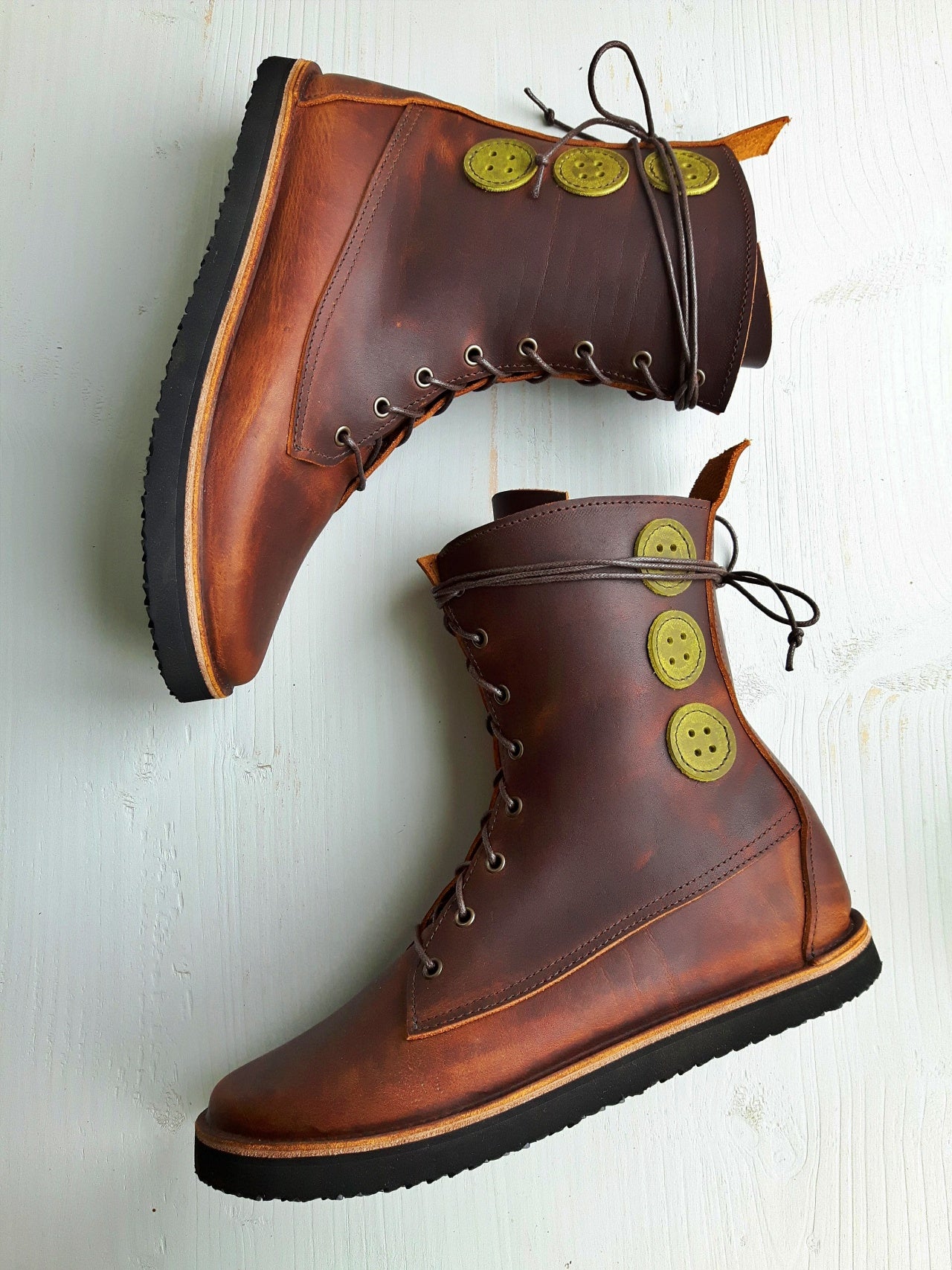 UK 6 - TWIG Button - Handmade Leather Boots | Tall, Cottagecore Style - No.3891