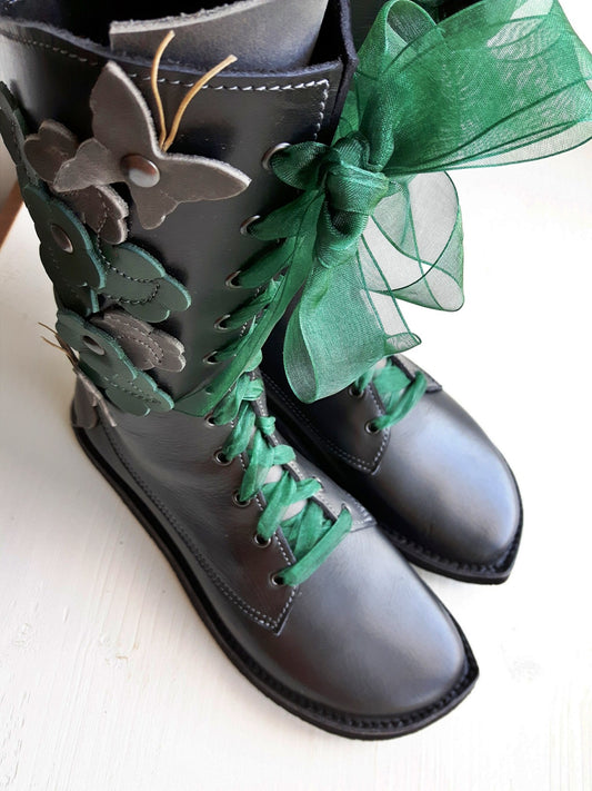 UK 5 - Tinker Flutterby | Handmade Leather Boots | Tall, Cottagecore Style - No.3930